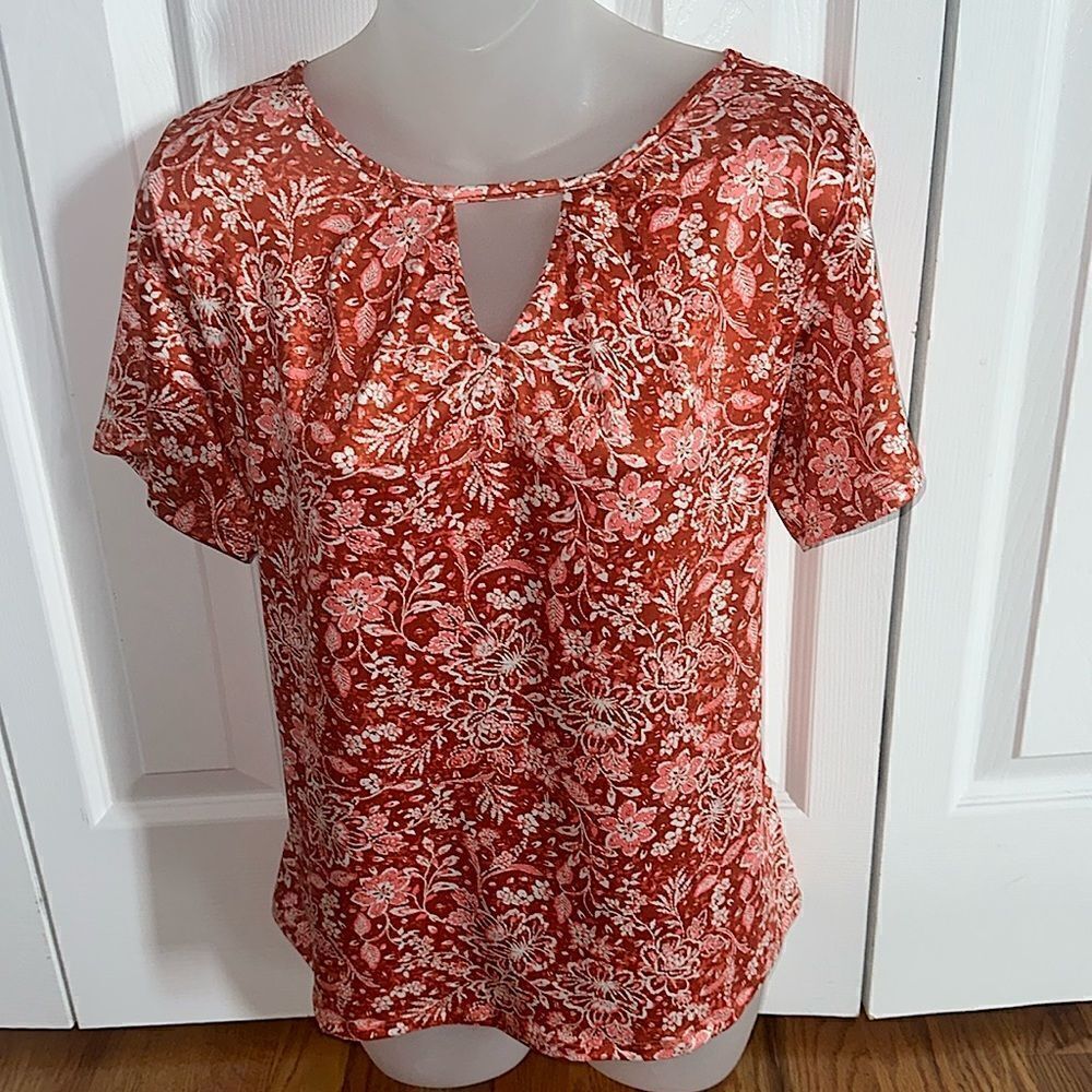 Wrapper Paisley Floral Orange Silky Keyhole Top Blouse Shirt Top medium m